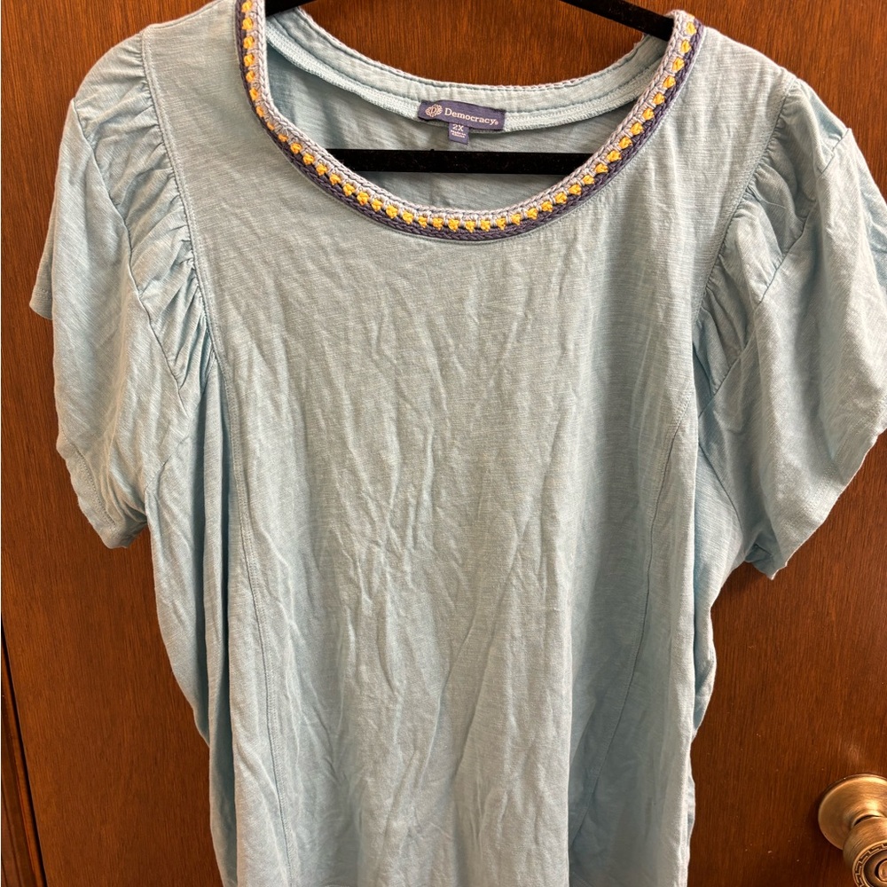 Democracy Light Blue Blouse with Embellished Neckline
